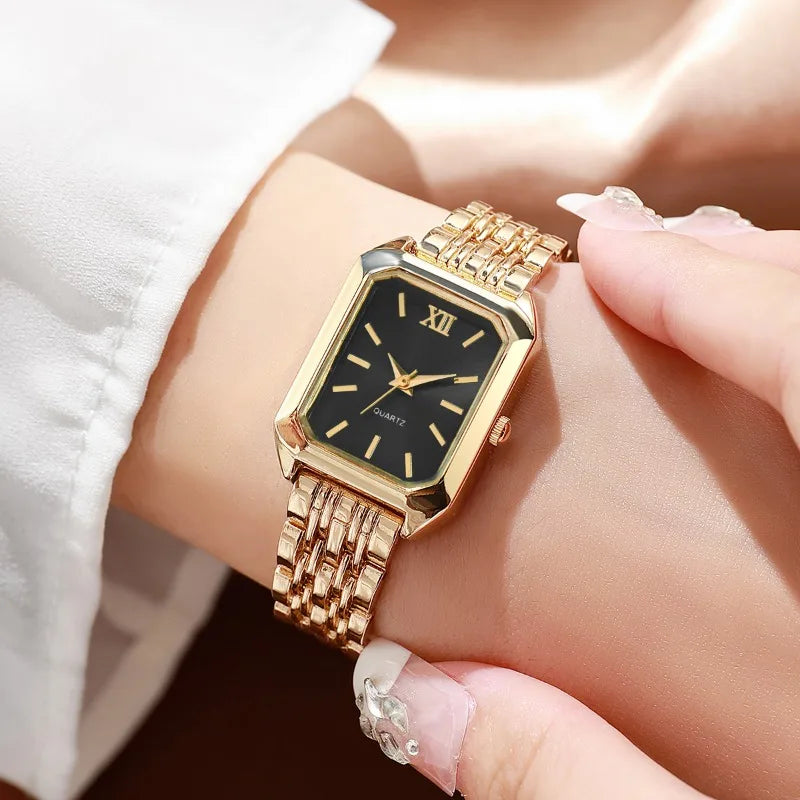 Coffret Cadeau Élégant - Montre Femme Rectangulaire Strass et Bijoux Assortis (5 Pièces)